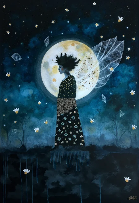 In this bewitching composition, a luminous youth embraces the ephemeral splendor of a moonlit nightscape. The ethereal figure stands gracefully amidst a sea of turbulent shadows, immersed in the celestial glow of an elusive moonbeam that artfully caresses her gossamer wings. Her delicate silhouette adorned with twinkling constellations fades seamlessly into the intricate web of fractal patterns, harkening to the boundless expanse of cosmic geometry and the dreamlike realm beyond mortal understanding. With every rustle of wind, ethereal petals shower down upon her, their gentle flutter accentuating her bewitching beauty as if holding her aloft within the confines of this ethereal realm. The atmosphere pulsates with a palpable sense of magic and wonder as the colors evolve from indigo twilight to a radiant golden hue, highlighting the harmony between light and dark, embodied in this celestial figure. The sense of vastness and isolation adds depth to the scene, underscoring the mysterious solitude of her exalted presence amidst the cosmic dance of stars and shadows. As the golden ratio guides us through this divine composition, emotions swell within each stroke of masterful artistry, drawing us ever closer to the enigma of beauty's unraveling in this captivating moment frozen in time. The figure stands enthralling, poised on the precipice between obscurity and luminosity, representing the essence of our own profound yearning for transcendent connection with the cosmos. ,<lora:flux/Kate Morgan.safetensors:1.0:1.0>