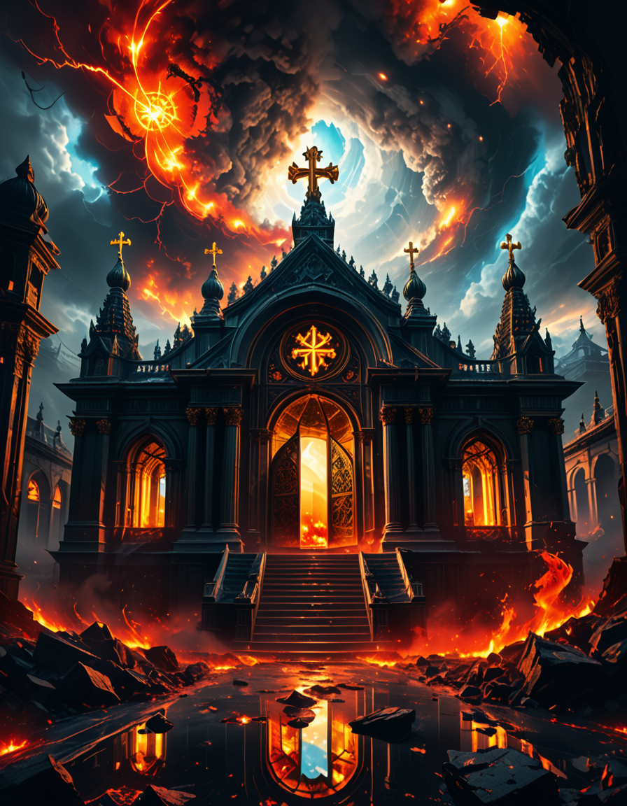 A once-majestic celestial temple, now under siege by the forces of Hell. The grand white stone structure is cracked and scorched, its golden crosses twisted and broken. The stained-glass windows, once glowing with warm divine light, are now shattered, with demonic symbols glowing ominously in their place. The sky, once a serene blue, is now consumed by dark storm clouds, swirling with red lightning and thick smoke.
Black, jagged chains extend from the sky, wrapping around the temple as if trying to pull it down into the abyss. The once-fluffy clouds beneath the structure are now a chaotic mix of fire, ash, and dark mist, with glimpses of molten lava cracks below. Infernal creatures with glowing red eyes lurk in the shadows, their silhouettes barely visible through the smoke and fire.
The temple doors are blown open, revealing an eerie red glow emanating from within, as if Hell itself is consuming the sacred space. Massive demonic runes are etched into the stone, pulsating with an unholy energy. The entire scene is bathed in a deep crimson and orange glow, giving it an apocalyptic and nightmarish atmosphere.
Style & Lighting:
- Dark fantasy, highly detailed
- Dramatic, high-contrast lighting with fiery glows
- Cinematic composition, epic scale
- Strong use of shadows, embers, and atmospheric foghighly detailed and atmospheric view from inside a massive birdcage, large enough for a human to stand inside. The cage is made of ornate, aged metal bars with intricate Victorian-style patterns, curving elegantly towards the domed ceiling. Sunlight filters through the gaps between the bars, casting long, dramatic shadows on the wooden floor. Delicate vines and small flowers have begun to grow around the bars, adding a touch of nature reclaiming the space. The background beyond the cage is blurred, hinting at a lush garden or a mysterious, abandoned mansion. The ambiance is serene yet slightly melancholic, with warm golden light illuminating dust particles floating in the air. Soft feathers are scattered on the floor, adding to the sense of quiet abandonment. The perspective makes the viewer feel as if they are inside the cage, looking outward, surrounded by both beauty and confinement. The style is highly detailed and realistic, with a cinematic and slightly surreal atmosphere.
<lora:SDXLFaeTastic2400:0.4> <lora:extremely_detailed:0.4> extremely detailed,evil celestial t3mpl3, <lora:evil_celestial_t3mpl3-p:1>, Masterpiece,best quality,hi res,8k,hi res,8k,award winning,(sharp focus, intricate, highly detailed),