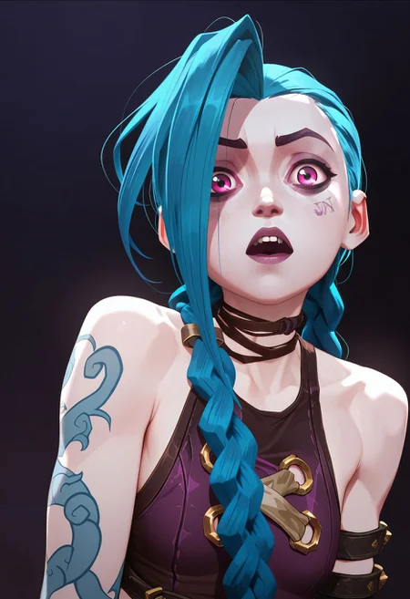 masterpiece,best quality,amazing quality, <lora:arcane_style_illustrious_goofy:1> 1girl, jinx (league of legends), braid, long hair, shoulder tattoo, bare shoulders, brown shirt, upper teeth only, asymmetrical bangs, arm tattoo, blue hair, pink eyes, brown choker, twin braids, looking at viewer
