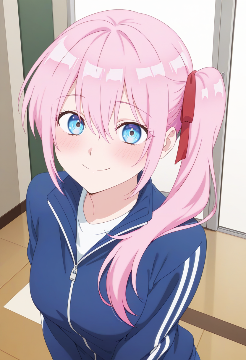 newest, masterpiece, best quality, 4k,
indoors, very aesthetic, detailed background, face focus,
1girl, solo,  <lora:Miyako Shikimori:1> shik1mori, pink hair, long hair, bangs, hair between eyes, sidelocks, side ponytail, hair ribbon, red ribbon , blue eyes, tracksuit, blue track jacket, white t-shirt, smile, blush, looking at viewer, pleading eyes,