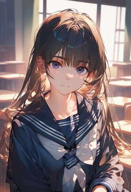 masterpiece,best quality,score_9,score_8_up,score_7_up,best quapoty,highres,absurdres,source_anime,<lora:nai>,nai_style,indoors,upper body,1girl,solo,(serafuku:1.2),