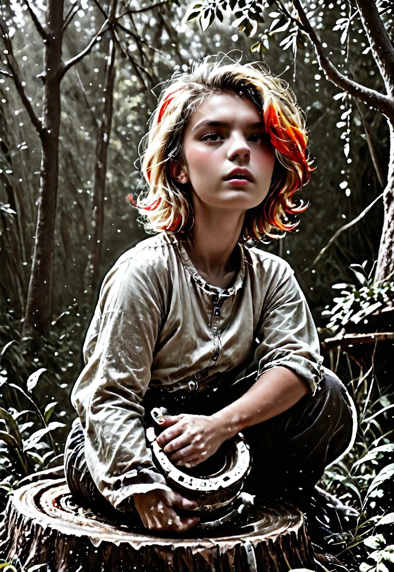 score_9, score_8_up, score_7_up, Realistic, cinematic shot, selective color, monochrome background, 4k, Gadget, side view,
1girl, solo, 
(((Girl in an alien forest tasting a weird fruit, correct hand anatomy, feminine hands, disgusted, revulsed, sitting on a stump, dramatic angle, side view, profile, full body shot, focus on fruit, spitting out, comical))), 

Fruit in hand, bitten fruit, 

blonde, grayscale with red highlights, 18yo, perfect face, stunning, breathtaking face, detailed face, perfect teeth, expressive eyes, extremely cute, medium boobs, round stomach, easynegative, ALRGFC, alluring face, sexy, hetero, flushed, red top of cheek,

Pear-shaped figure, short female, stocky, perfect round butt, wide hips, narrow waist, strong legs, thick thighs, long legs, short torso, narrow shoulders, 

Work clothes, space mechanic outfit, thick cargo pants, midriff, 

Detailed background, alien jungle, alien flowers, alien fauna, lianas, impossible trees, two moons, outdoors, impossible tropical fruit,

pdcUitCU5_, highres, absurdres, in focus, sharp focus, negative_hand,

Stable_Yogis_PDXL_Positives, CyberRealisticPony_POSV1, 