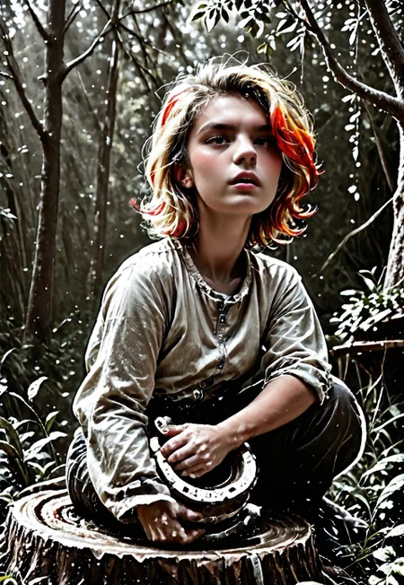score_9, score_8_up, score_7_up, Realistic, cinematic shot, selective color, monochrome background, 4k, Gadget, side view,
1girl, solo, 
(((Girl in an alien forest tasting a weird fruit, correct hand anatomy, feminine hands, disgusted, revulsed, sitting on a stump, dramatic angle, side view, profile, full body shot, focus on fruit, spitting out, comical))), 

Fruit in hand, bitten fruit, 

blonde, grayscale with red highlights, 18yo, perfect face, stunning, breathtaking face, detailed face, perfect teeth, expressive eyes, extremely cute, medium boobs, round stomach, easynegative, ALRGFC, alluring face, sexy, hetero, flushed, red top of cheek,

Pear-shaped figure, short female, stocky, perfect round butt, wide hips, narrow waist, strong legs, thick thighs, long legs, short torso, narrow shoulders, 

Work clothes, space mechanic outfit, thick cargo pants, midriff, 

Detailed background, alien jungle, alien flowers, alien fauna, lianas, impossible trees, two moons, outdoors, impossible tropical fruit,

pdcUitCU5_, highres, absurdres, in focus, sharp focus, negative_hand,

Stable_Yogis_PDXL_Positives, CyberRealisticPony_POSV1, 
