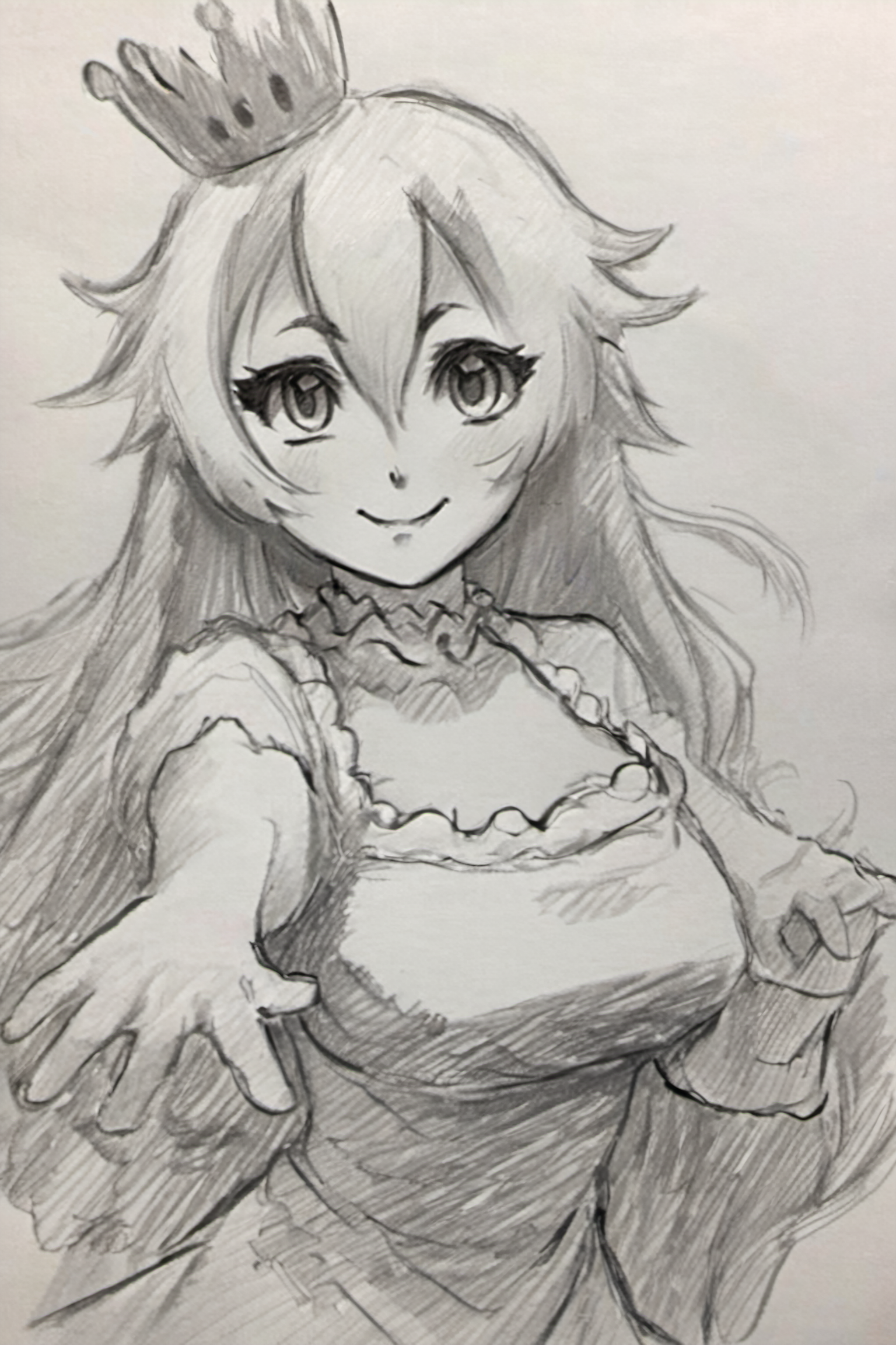 ((masterpiece, best quality)),  pretty eyes,  detailed face, 
(Pencil_Sketch:1.2,  messy lines,  greyscale,  traditional media,  sketch),  unfinished,  hatching (texture),  ((masterpiece, best quality)),  absurdres,  ,  Boosette_Mario,  1girl,  long hair,  white hair,  long white dress,  ballroom dress,  white gloves,  solo,  smiling,  blushing,  looking at viewer,  cowboy shot,<lora:Boosette_Mario_SDXL:0.700000>,<lora:Anime_Sketch_SDXL:1.000000>