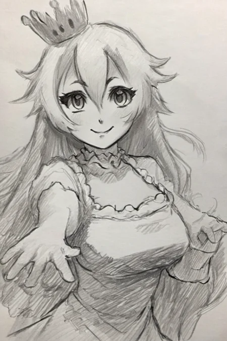 ((masterpiece, best quality)), pretty eyes, detailed face,
(Pencil_Sketch:1.2, messy lines, greyscale, traditional media, sketch), unfinished, hatching (texture), ((masterpiece, best quality)), absurdres, , Boosette_Mario, 1girl, long hair, white hair, long white dress, ballroom dress, white gloves, solo, smiling, blushing, looking at viewer, cowboy shot,<lora:Boosette_Mario_SDXL:0.700000>,<lora:Anime_Sketch_SDXL:1.000000>