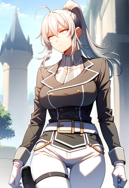 score_9, score_8_up, score_7_up, score_6_up, source_anime, rating_explicit, <lora:neg4all_bdsqlsz_V3.5:2.0>1girl, (solo:1.2), huge breasts, <lora:Ciel Lionheartponyxl:1> ponytail, long hair, yellow eyes, bangs, grey hair, ahoge, collared shirt, black jacket, uniform, long sleeves, white gloves, belt, white pants, thigh strap, expressionless, Narrow shoulders, heavy breathing, steaming body, castle, outdoor, walking
