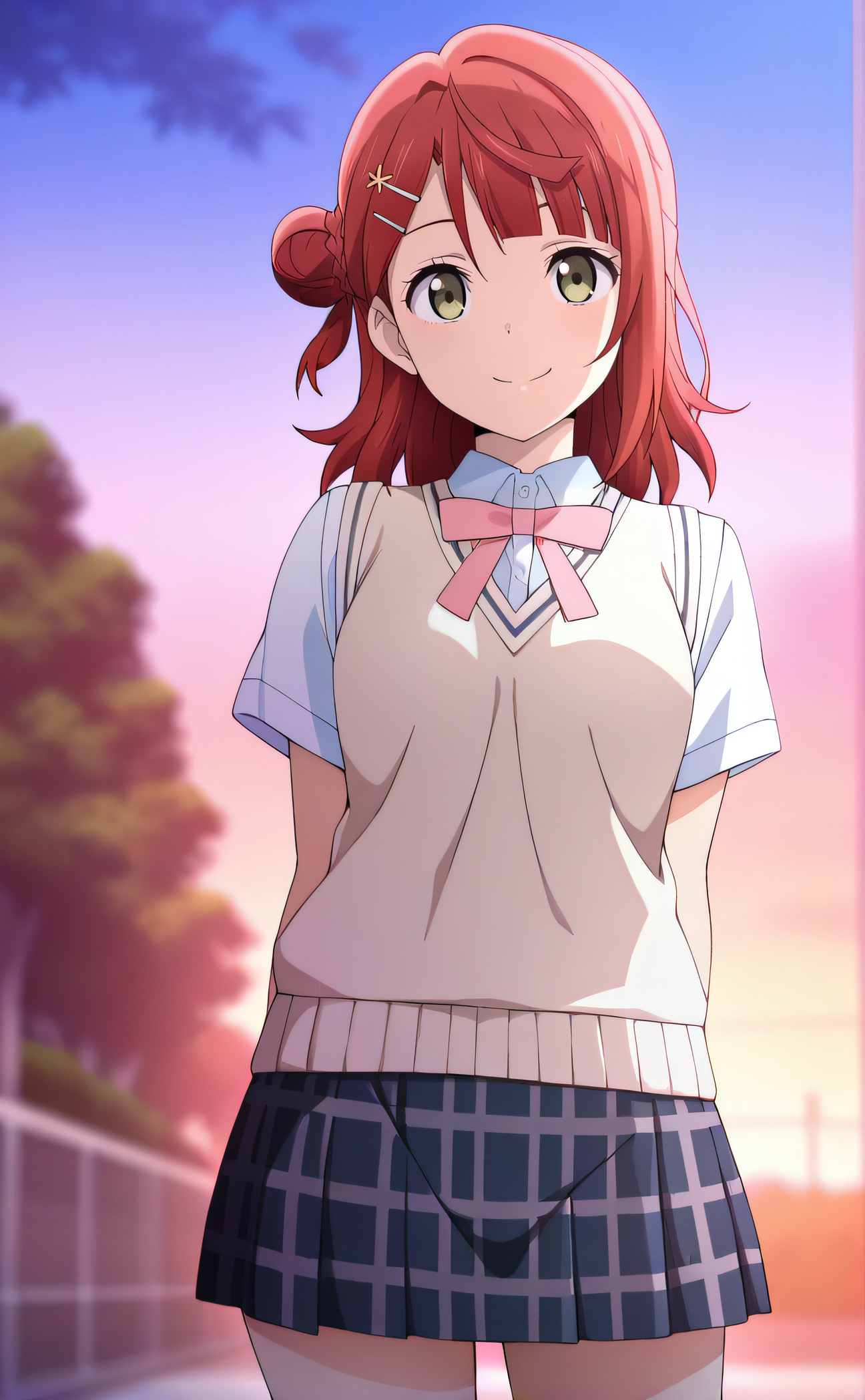 masterpiece, best quality, highres, newest, 1girl, solo, official style, anime screencap, <lora:Uehara_Ayumu:1>, ayumu, red hair, single side bun, blunt bangs, hairpin, green eyes, school uniform, pink ribbon, sweater vest, short sleeves, dark blue plaid skirt, looking at viewer, smile, outdoor, cowboy shot