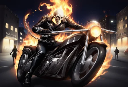 masterpiece, best quality, amazing detail, Tirotata, GhostRider, skull head, on fire, leather jacket, leather pants, gloves, spikes, chain, motorcycle, chain, chain on fire, street, city, night,