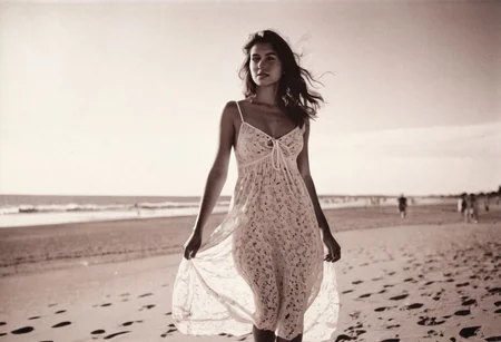 lith_argenta_bromBN1W, instagram photo, full photo of 26 y.o american woman walking on a beach, summerdress , perfect detailed eyes, natural skin, hard shadows, film grain