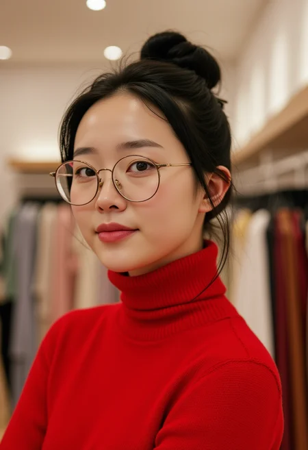 photo of a natural 20 year old korean girl wearing glasses with raven black hair in an updo, standing in a clothes shop, wearing a red turtleneck sweater,
