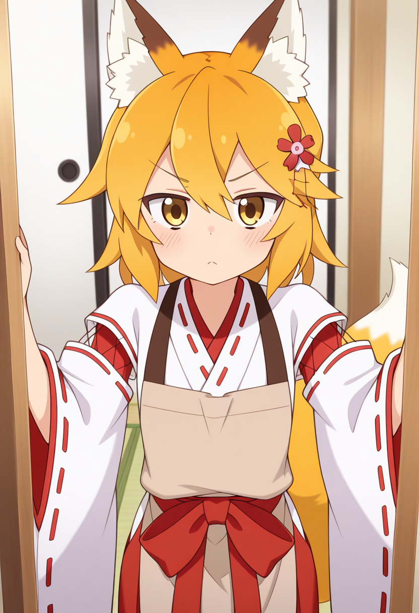 masterpiece, 1girl, ct_s3nko, short hair, blonde hair, yellow eyes, fox ears, fox tail, hair flower, kimono, ribbon trim, brown apron, wide sleeves, detached sleeves, red hakama,  indoors, cowboy shot, looking at viewer,  v-shaped eyebrows,<lora:Senko_Illus_ct:1>