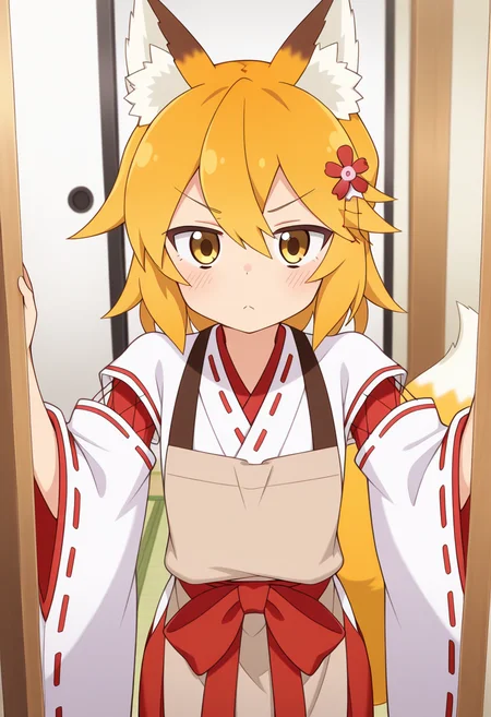 masterpiece, 1girl, ct_s3nko, short hair, blonde hair, yellow eyes, fox ears, fox tail, hair flower, kimono, ribbon trim, brown apron, wide sleeves, detached sleeves, red hakama,  indoors, cowboy shot, looking at viewer,  v-shaped eyebrows,<lora:Senko_Illus_ct:1>