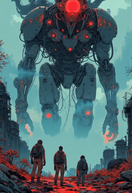 A dark futuristic sci-fi concept art of three explorers in advanced suits facing a massive, towering mech with glowing red lights. The environment is shrouded in a thick mist, illuminated by red and blue hues. The atmosphere is tense, post-apocalyptic, and cinematic, emphasizing scale and danger