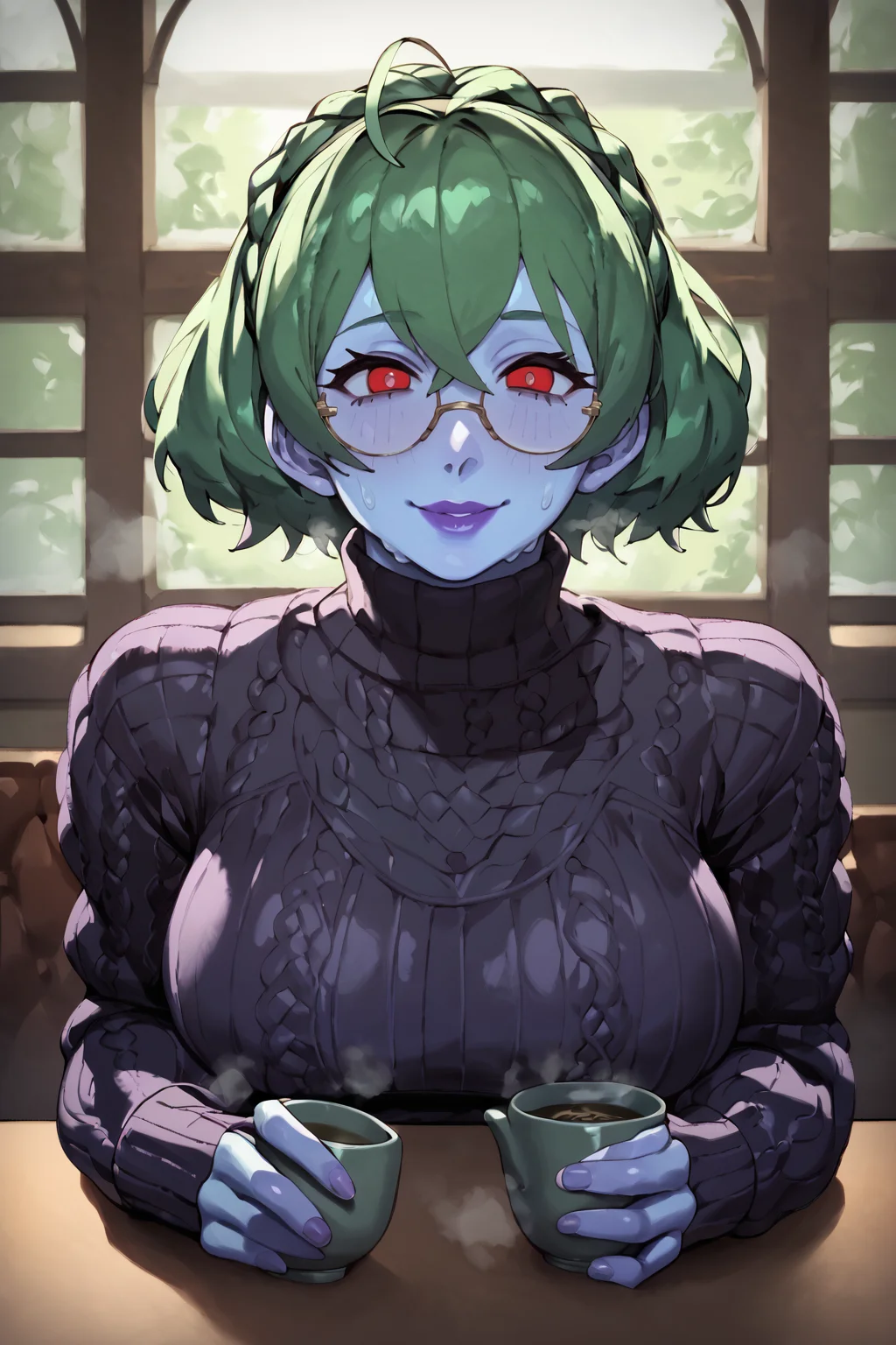 <lora:latex_under_clothes:1>latex under clothes, bodysuit, looking at viewer, hair in crown braid, thick fuzzy sweater, large round glasses, nerdy, blue skin, red eyes, bright green hair, large breasts, sitting in a French cafe, steaming pot of tea on table, leaning on table, supporting head with hands , smiling, purple lipstick, next to a window showing a busy street <lora:RD-MAnon-XLV1.1:1> female, steamy body, sweating,, source_anime, score_9_up, score_7_up, score_8_up
