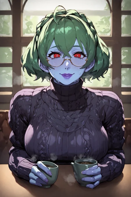 <lora:latex_under_clothes:1>latex under clothes, bodysuit, looking at viewer,  hair in crown braid, thick fuzzy sweater, large round glasses, nerdy, blue skin, red eyes, bright green hair, large breasts, sitting in a French cafe, steaming pot of tea on table, leaning on table, supporting head with hands , smiling, purple lipstick, next to a window showing a busy street <lora:RD-MAnon-XLV1.1:1> female, steamy body, sweating,, source_anime, score_9_up,  score_7_up, score_8_up