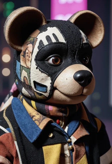 <lora:Pieper-Puppet-023:0.8>,A stuffed bear with a patchwork design of famous paintings.,glossy paper, iso150, 35mm, score_9, intricate details, Hyperrealism style, 3d, concept-art, dreaminess, psychedelic, shallow-depth-of-field, cinematic lighting, soft bokeh, very beautiful composition, Unreal, real-time 3D, Epic Games style, Unreal Engine style, 3d-rendering, vibrant contrast depth and shadow enhanced using (Gaussian blur) for a soft background focus, (sharpen filter) applied, (color grading) to enhance contrast between warm and cool tones, (noise reduction) for a smooth, clean finish, (HDR toning) used for extra depth and detail, highly detailed dreamy background detailed skin texture, subsurface scattering award-winning, professional, highly detailed, dreamlike, mysterious, provocative, symbolic, intricate, detailed, hyper-detailed, masterpiece, award winning, midjourneyv6.1