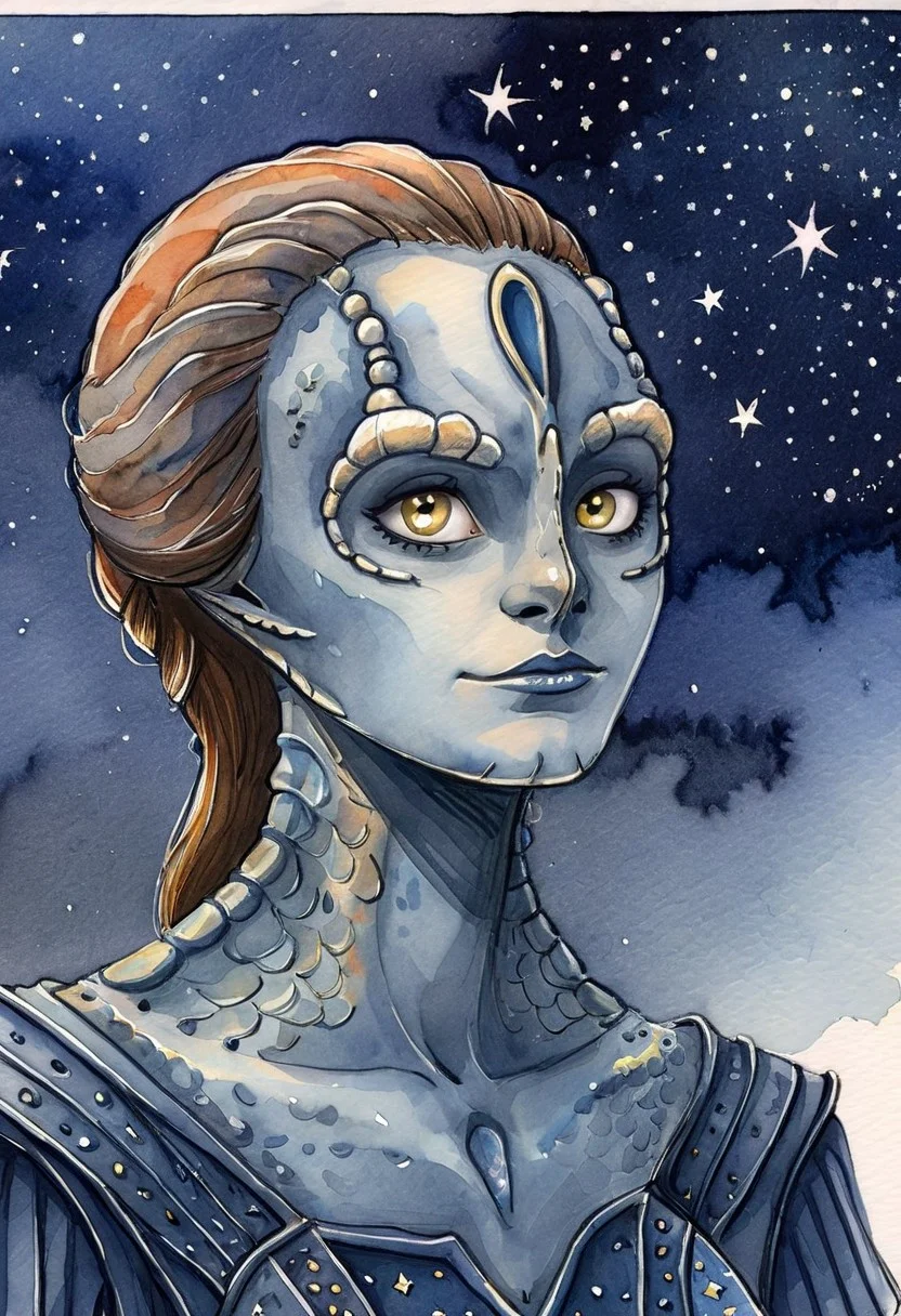((watercolor sketch) of a female c4rd45514n alien, forehead crest, grey skin, ridges, scales), black starry night time sky background full of stars, dressed in medieval garb