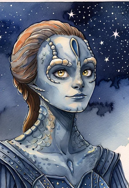 ((watercolor sketch) of a female c4rd45514n alien, forehead crest, grey skin, ridges, scales), black starry night time sky background full of stars, dressed in medieval garb