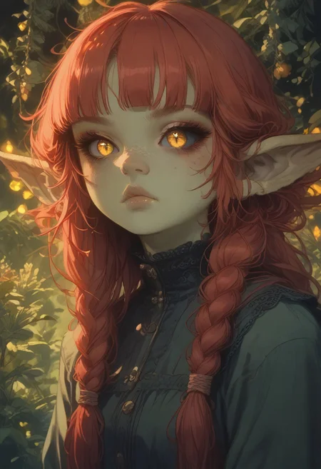 (Score_9:1.1), score_8_up, score_7_up,
(glimmer,glitter,limited lighting, high contrast, highres, closed_mouth:1.4, absurdres),(leaning forward:0.4)
Fl0ralD0lls ,Goblin
solo, short stature, shortstack, pointed ears, big eyes,goblin ears, goblin woman, green skin, big eyes, glimmering eyes, (black sclera, slit pupils, yellow iris, glowing iris), (ferns:1.3), realistic, focus on face, hime cut, red hair,((hair in very long single braids)), big lips, full lips, glossy lips, matte skin, matte colours
