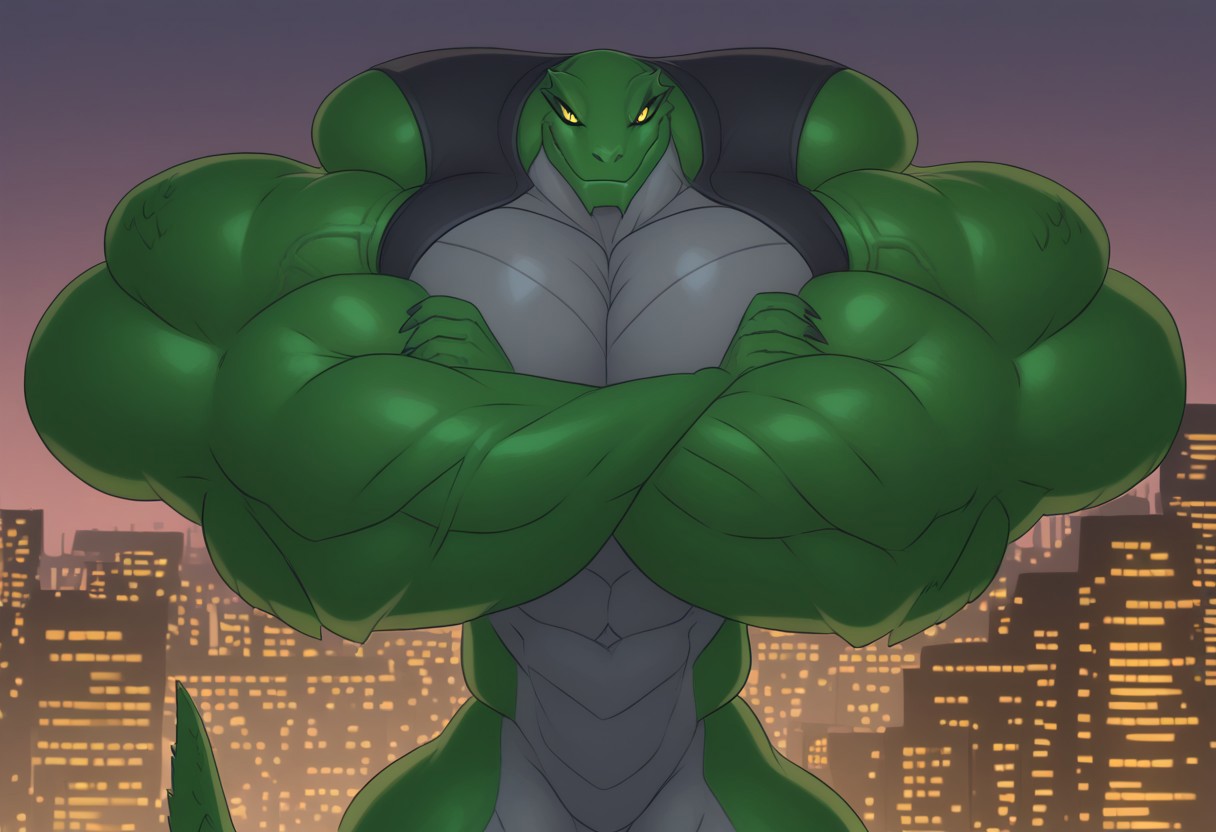 killer-croc, crocodile, anthro, green skin, grey underbelly, reptile tail, black vest, scar on one eye, solo, furry, muscular, crossed arms, looking down at viewer, upper body, veiny, city downtown background, night, evil smirk, bed eyes, (realistic shading, detailed picture), yellow eyes, slit pupil,buff, muscular, swole, muscles, huge muscles, enormous muscles, hyper buff, hyper muscles,