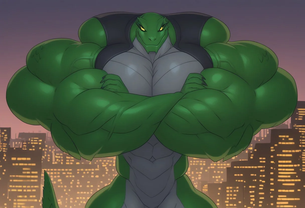killer-croc, crocodile, anthro, green skin, grey underbelly, reptile tail, black vest, scar on one eye, solo, furry, muscular, crossed arms, looking down at viewer, upper body, veiny, city downtown background, night, evil smirk, bed eyes, (realistic shading, detailed picture), yellow eyes, slit pupil,buff, muscular, swole, muscles, huge muscles, enormous muscles, hyper buff, hyper muscles,