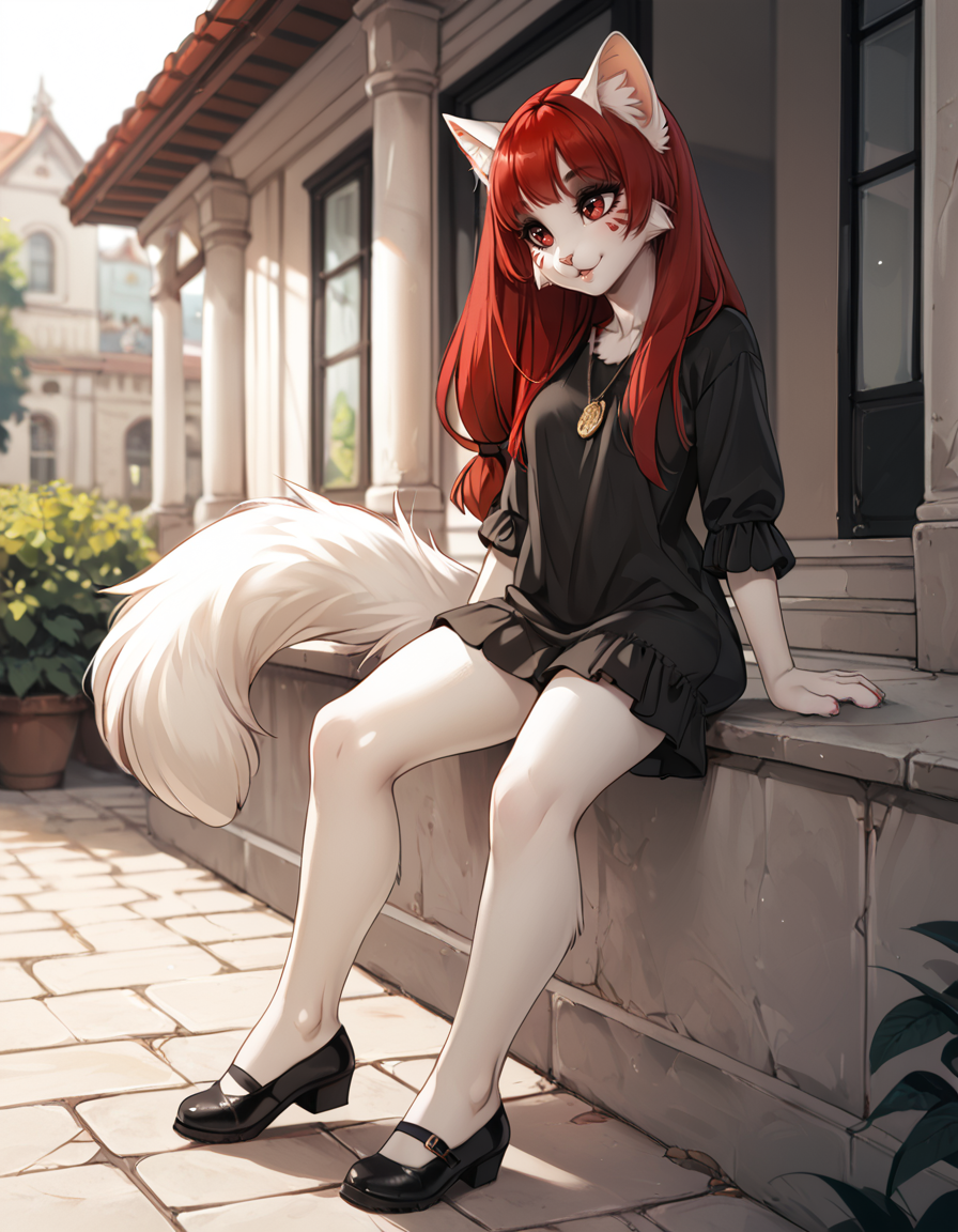 score_9,score_8_up,score_7_up,score_6_up,
outdoors,
full body, seductive smile,parted lips,long eyelashes,
<lora:Seelena_Zorn_v01_PDXL:1>,
Seelena,1girl,solo,furry female,cat girl,cat ears,animal ear fluff,long hair,bangs,red hair,red eyes,snout,animal nose,facial mark,body fur,white fur,cat tail,
<lora:add-detail-xl:1>,