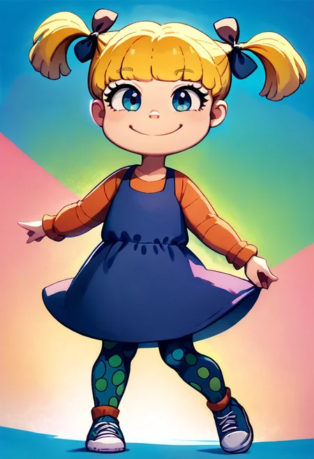 score_9, score_8, score_7, cute, colorful background, closed mouth, smile, pose, full body, Dutch angle, solo, 1girl. blonde hair, twintails, dress, hair bow, polka dot leggings