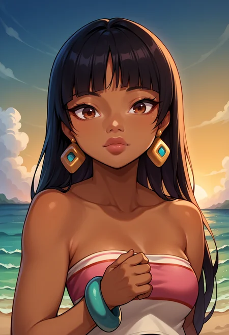 score_9, score_8_up,score_7_up, source_anime, 1girl,solo, <lora:EPrtedChel-10:1>, EPrtedChel, long hair, black hair, straight hair, brown eyes, blunt bangs, dark-skinned female, dark skin, very dark skin, jewelry, earrings, bracelet, tube top, crop top, bare shoulders, medium breasts, collarbone, upper body, lips, makeup, closed mouth, looking at viewer, outdoors, sky, cloud, water, ocean, beach, sunset, portrait, close-up,