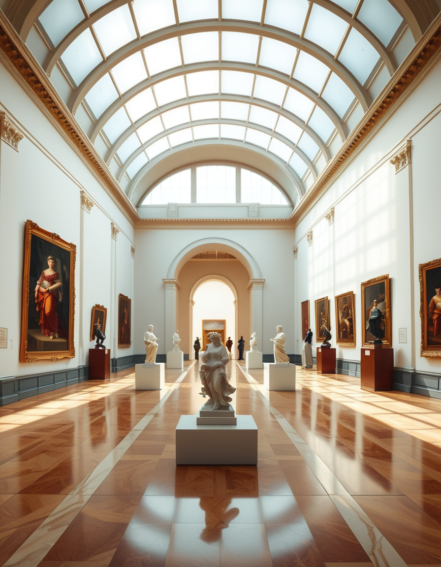 A high-resolution photograph of the interior of a grand art museum, featuring vast halls with high ceilings, intricate architectural details, and polished marble floors. The museum is illuminated by soft, natural light filtering through large arched windows, casting gentle shadows on the walls adorned with classical and modern paintings in ornate golden frames. In the center, a marble sculpture stands on a pedestal, surrounded by velvet ropes. Visitors walk around, some admiring the artwork, others engaged in quiet discussions. The atmosphere is serene and intellectual, with a warm color palette of beige, gold, and deep reds enhancing the elegance of the scene. The perspective is wide-angle, capturing the depth and scale of the museum, evoking a sense of awe and admiration.
<lora:SDXLFaeTastic2400:0.4> <lora:extremely_detailed:0.4> extremely detailed, <lora:art_mus3um:1>,art mus3um, Masterpiece,best quality,hi res,8k,hi res,8k,award winning,(sharp focus, intricate, highly detailed),