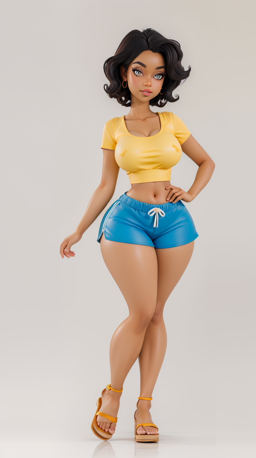 <lora:Laura_Branco:1> (dark skin), black curly hair, honey eyes, yellow top, blue shorts, sandals, looking at viewer, perfect hands, big breast, wide hips, thick thighs, ultra realistic digital art, a 3D render, photorealism, clean scene, white background, circular base, <lora:p3r3zstyle_v3:0.4>  <lora:P2p0:0.4> <lora:Sexy-Figures:1>