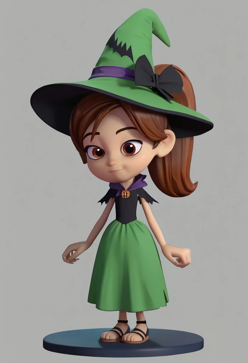 score_9, score_8_up, score_7_up BREAK SunnySpell, 1girl, brown hair, ponytail, brown eyes, black flower scrunchie, witch dress, witch outfit, cgi, source_cgi, girl, girl focus, full body, halloween atmosphere, halloween background, halloween decorations,