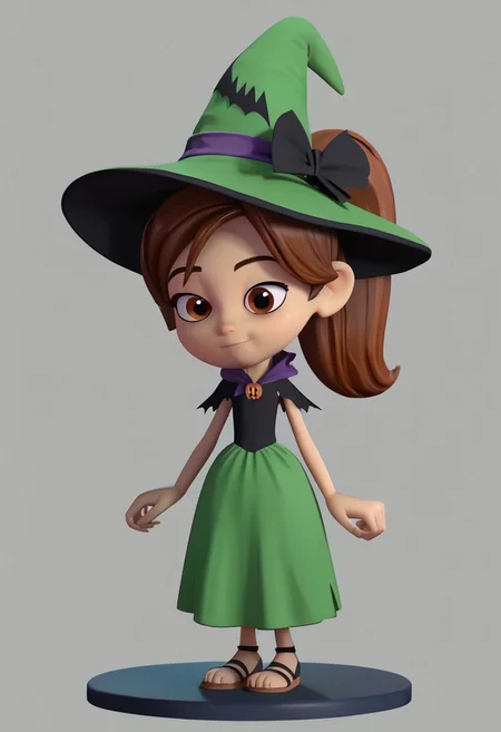 score_9, score_8_up, score_7_up BREAK SunnySpell, 1girl, brown hair, ponytail, brown eyes, black flower scrunchie, witch dress, witch outfit, cgi, source_cgi, girl, girl focus, full body, halloween atmosphere, halloween background, halloween decorations,
