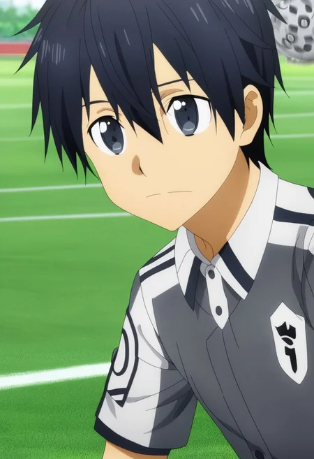 high resolution, professional photography, solo, best quality, 1Boy, Kazuto Kirigaya, Black Hair, Black Eyes, Soccer Boy, soccer player, field, potrait, depth of field, happy, tired, celebration, OverallDetail