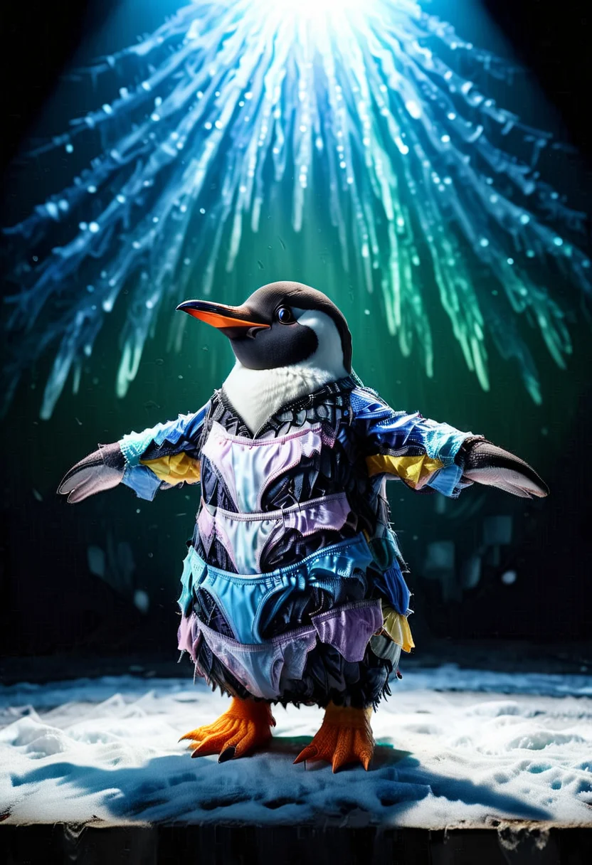award winning, A glamorous penguin in a P4NT13S dress, performing a Broadway musical number on an icy stage under the northern lights ,enhanced textures, creative, beautiful, vibrant, masterpiece, 8k, Ultra HD, amazing details, amazing quality, amazing artist, sharp edges, detailed textures, full view, atmospheric lighting, amazing visuals