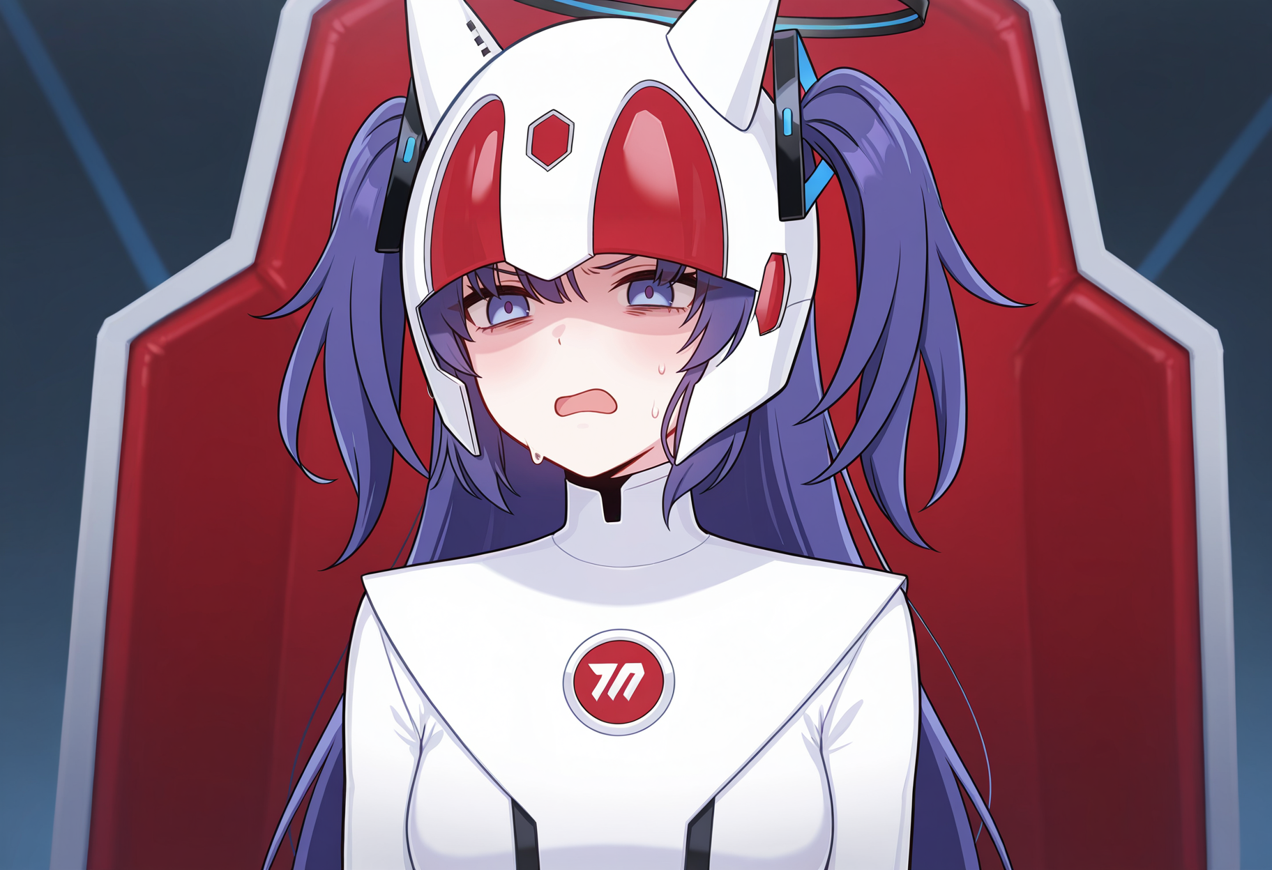1girl, solo,
yuuka \(blue archive\),halo, twintails, long hair, 
heika, helmet, horned headwear,  horned helmet,throne,upper body,open mouth,white clothes, color timer, red helmet, white helmet, 
exhausted, annoyed, (bags under eyes:0.5),  
masterpiece,best quality,amazing quality,very aesthetic,absurdres,newest,
<lora:StS-Illustrious-Detail-Slider-v1.0:1.5>,<lora:reduce_wrinkles_illstriouosv0.1_ADDifT_2_in_1_v1.2:0.8>,<lora:99coins_heika_IL_05:1>,