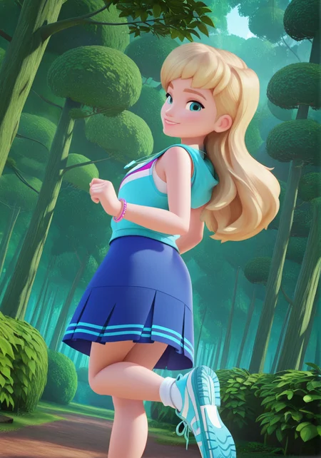 handsfree, masterpiece, best quality, amazing quality, very aesthetic, 1girl, looking at viewer, smile, dynamic pose, outdoors, forest, dynamic angle, 3d, from behind, looking back at viewer,
stephanie_illus, blue eyes, long hair, blonde hair, blue skirt, shirt, sleeveless hoodie, necklace, bracelet, socks, blue shoes, sneakers,
<lora:Stephanie_-_Lego_Friends__Girls_on_a_Mission_illustrious:1>