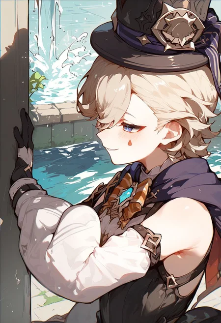 score_9, score_8_up, score_8, anime style, score_9, score_8_up, score_8, anime style, source_anime, otoko no ko, trap, androgynous, solo, 1boy, lyney_\(genshin_impact\), male_focus, teardrop_facial_mark, black_gloves, black_headwear, detached_sleeves, white_shirt, top_hat, top_hat, fantasy city, fountain, smile, upper body, Expressiveh