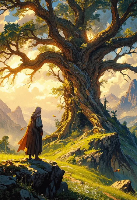 A mystical, epic fantasy landscape featuring a lone cloaked figure standing on a rocky hilltop, gazing at a massive, ancient tree with sprawling branches. The tree is illuminated by the golden glow of the setting sun, casting dramatic shadows and creating a warm, ethereal atmosphere. In the background, misty mountain ranges stretch into the horizon under a partly cloudy sky with soft beams of sunlight piercing through. The ground is covered in lush green grass, scattered with small flowers and fallen leaves dancing in the wind. Birds are flying around, adding to the sense of mystery and grandeur. High detail, cinematic lighting, epic fantasy aesthetic with a magical, serene vibe