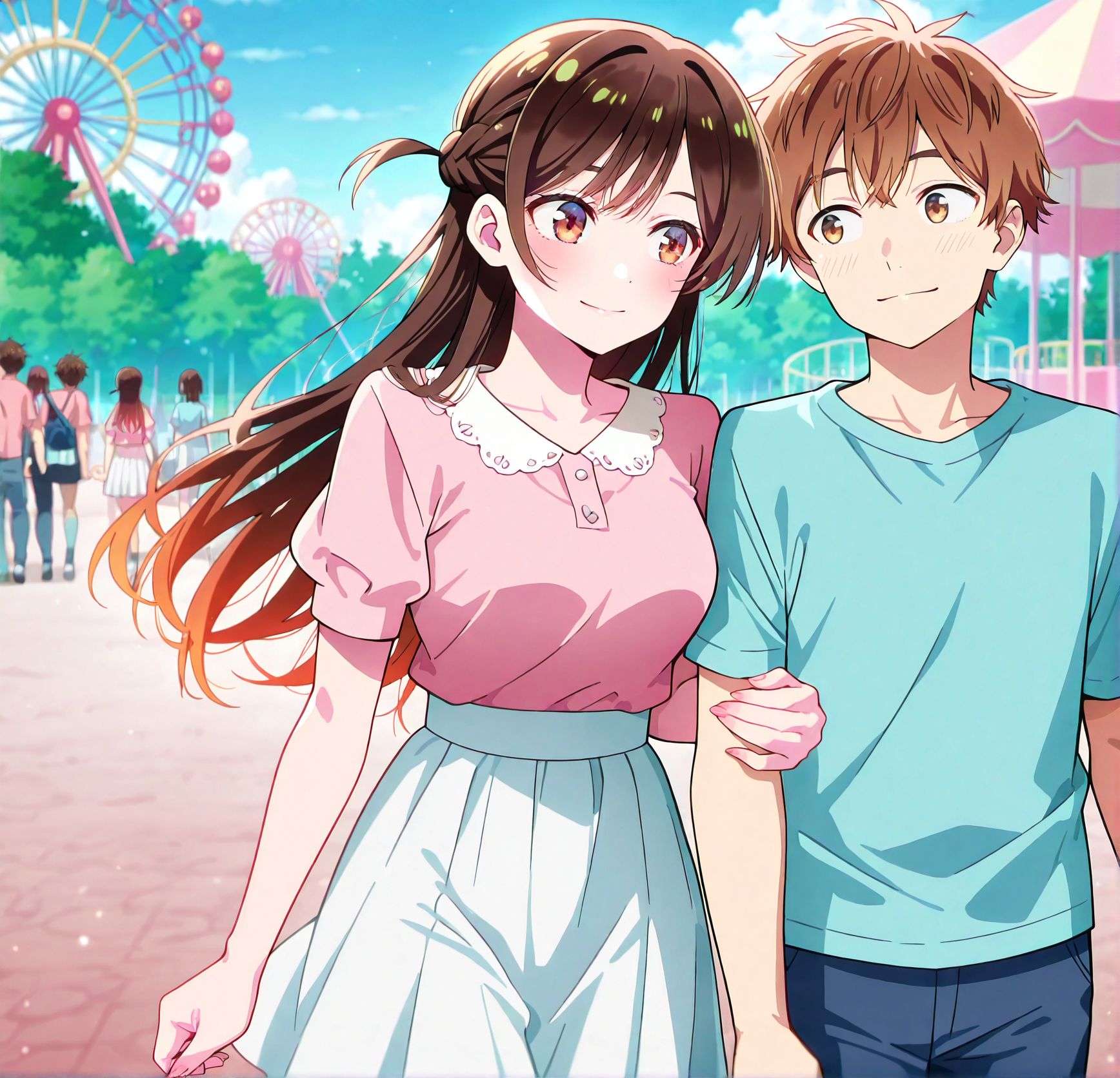 <lora:add-detail-xl:0.5>,,masterpiece, best quality, newest, absurdres, highres, detailed eyes, beautiful, detailed background, perfect eyes, anime coloring, anime screencap,
<lora:sugar_dating:0.5>sugar_datingV1,
girl hooks her arm around the boy’s arm,amusement park, walking,
1girl, 1boy, hetero,  light smile, facing viewer,  
BREAK
kanojo okarishimasu, official style, 
mizuhara chizuru, 
skirt, shirt, short sleeves, puffy sleeves, puffy short sleeves, white skirt, pink shirt,
<lora:kazuya-kinoshita-illustriousxl-lora-nochekaiser:1>, kazuya kinoshita,  brown hair, brown eyes, short hair,
20YO, milf,adult female,