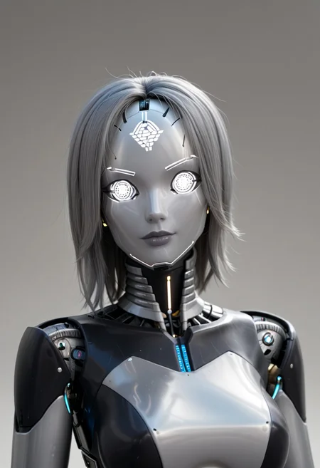 A 35mm photo of a beautiful robotic woman, she has a faceless robotic head, robot, metallic grey hair, smooth metallic featureless feminine body, metallic dark grey skin, long grey hair, dark grey mechanical eyes that don't glow
no face