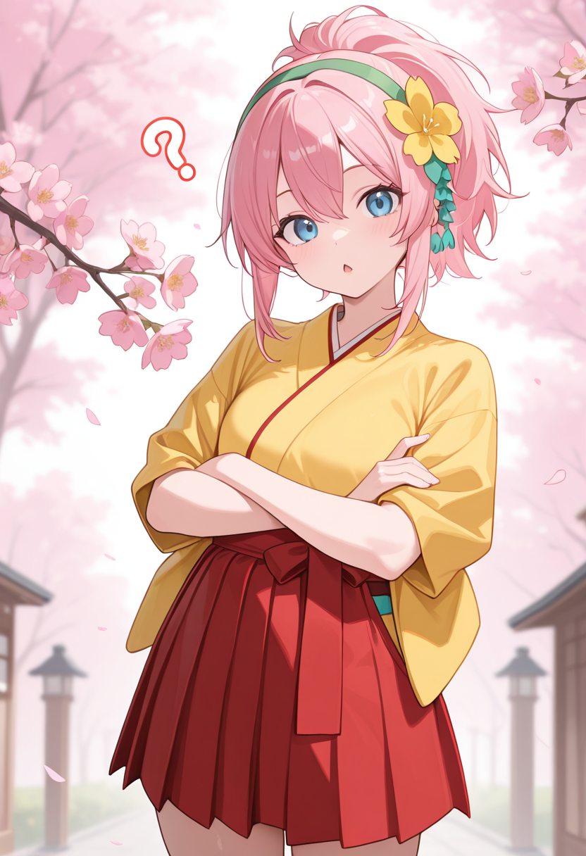 1girl,solo,<lora:sigsigil:0.9>,sigsig,blue eyes,pink hair,hair ornament,hair flower,yellow flower,ponytail,green hairband,yellow kimono,red hakama,hakama skirt,japanese clothes,short_sleeves,short skirt,looking_at_viewer,cowboy_shot,chestnut mouth,cherry_blossoms,masterpiece,best quality,good quality,newest,incredibly absurdres,arms_crossed,crossed_arms,ï¼,head_tilt,