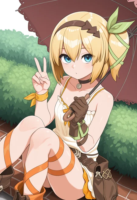 1girl, solo, short hair, blue eyes, blonde hair, gloves, ribbon, hair ribbon, hairband, choker, side ponytail, v, black choker, umbrella, single glove, leg ribbon,masterpiece,best quality,newest,absurdres,highres,very awa, <lora:None:1.0> <lora:Butakoma_300g_Style2:0.9500000000000002>