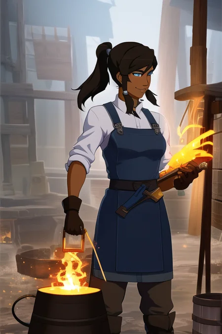 "Korra, the Avatar and master of all four elements, depicted as a skilled blacksmith working in a forge. The image should show Korra using her bending abilities to create and shape metal, such as using firebending to heat the metal or using earthbending to shape it. The lighting should be natural and atmospheric, and the overall aesthetic should be gritty and realistic. The image should be rendered in a realistic style, using vibrant and lifelike colors and highly detailed textures. The composition should be dynamic and engaging, with the forge and the metalworking tools serving as the backdrop for Korra's skill and craftsmanship as a blacksmith.