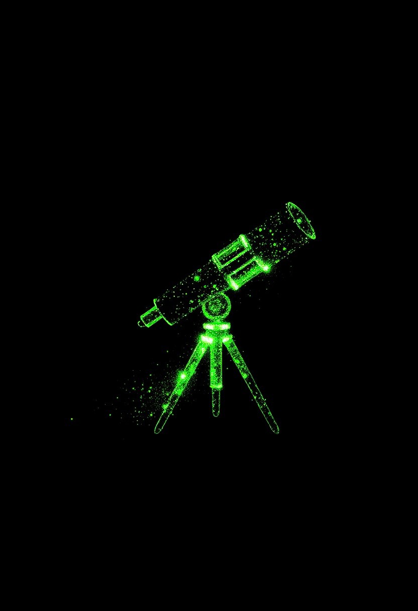 Minimalistic particle silhouette of a outlines of Telescope, composed outlines of glowing green particles and digital noise. Simple and elegant, designed for icon-style usage. Soft glow dispersed light particles, subtle pixelation, and a smooth black background with inner image. High contrast, clean edges, and abstract form