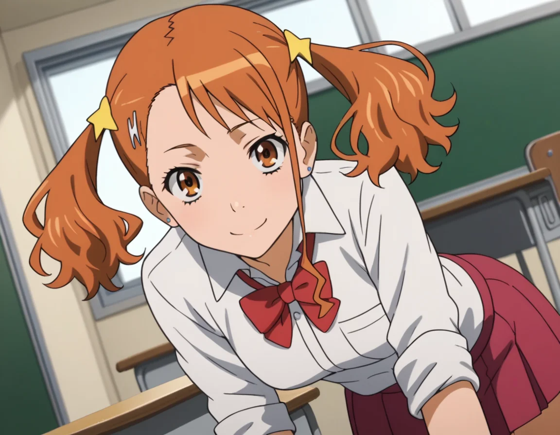 score_9, score_8_up, score_7_up, source_anime,
narukoanjou, <lora:naruko-anjou-s1-ponyxl-lora-nochekaiser:1>,
naruko anjou, orange hair, twintails, brown eyes, hair ornament, star ornament, hair clip,
skirt, bow, school uniform, sleeves rolled up, red bowtie, shirt, white shirt, collared shirt, red skirt,
indoors, classroom, bent over, smile,
looking at viewer, solo, cowboy shot, dutch angle,