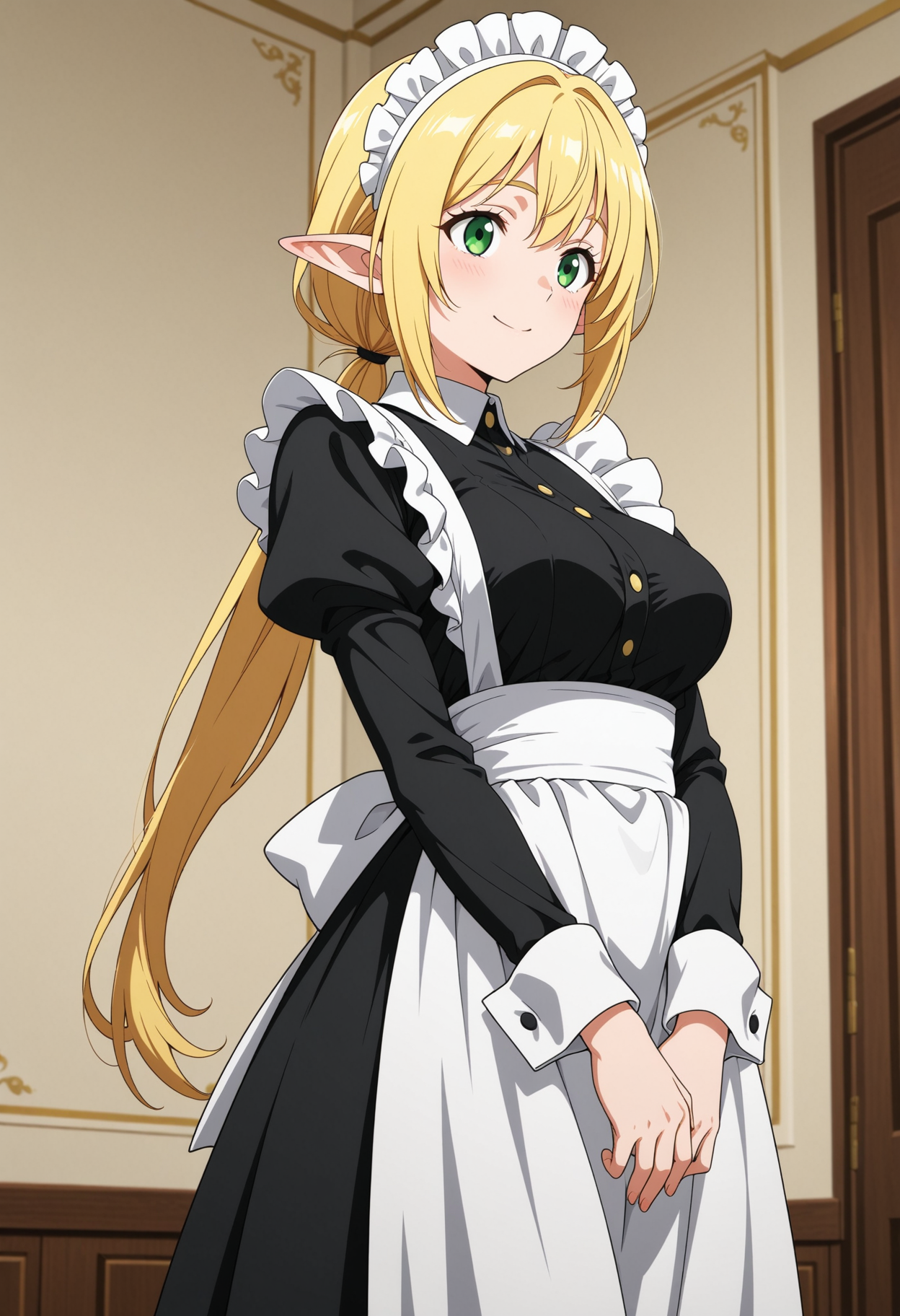 <lora:dmd2_sdxl_4step:1>, 1girl, cute, short ears, pointy ears, blonde hair, long hair, (low ponytail, hair tied:1.3), green eyes, tareme, (small eyes:1.3), medium breasts, venus body, aged up, 
little smile,
maid, maid headdress, maid apron, 
standing,  
indoors, luxury room, cowboy shot, 
general, masterpiece, best quality, (anime coloring:1.3),