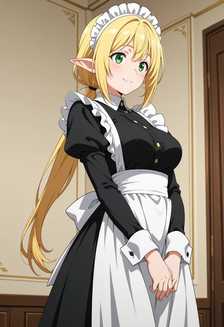 <lora:dmd2_sdxl_4step:1>, 1girl, cute, short ears, pointy ears, blonde hair, long hair, (low ponytail, hair tied:1.3), green eyes, tareme, (small eyes:1.3), medium breasts, venus body, aged up, 
little smile,
maid, maid headdress, maid apron, 
standing,  
indoors, luxury room, cowboy shot, 
general, masterpiece, best quality, (anime coloring:1.3),
