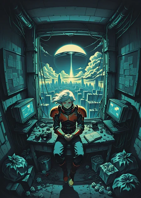 1 boy, armor, accents, bw, power lines, pauldrons, closed eyes, cloud, ringed eyes, cable, floating hair, own hands together red eyes, short white hair, uneven bangs, sitting on a desk,
isometric, cluttered room, dark room, low lights, dirty room, trash bag, used tissue, desk, pc screen, camera set, windows, many toys, perfect feet, cityscape
masterpiece, best quality, ultra-detailed, best illustration, sci-fi, illustration, retro, gritty monocrhome