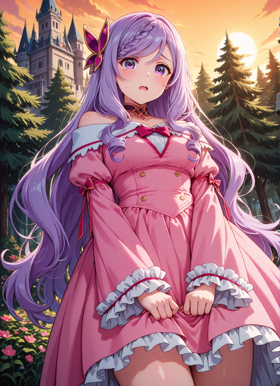 source_anime BREAK prefect lighting,very aesthetic,prefect hands,best quality,
intricate details,highly detailed background,(masterpiece:0.9),high quality,lustrous_skin,skindentation,(zPDXL3),
ultra delicate hair,
face_detail,
skin_detail,<lora:cfg_scale_boost>,
lustrous_skin,skindentation,
shiny skin,
<lora:seirei_gensouki_-_flora_beltrum_il:0.7>,flora_beltrum,very_long_hair,purple_hair,swept_bangs,braided_bangs,hair_ornament,purple_eyes,
choker,bow,pink_dress,off-shoulder_dress,frills,
masterpiece,best quality,ultra-detailed,Best-A,Medium-B,Low-C,Bad-D,cute,light_blush,dynamic_angle,
looking at viewer,scared,in summer,castle,park,flowers meadows,open mouth,from_below,teardrop,