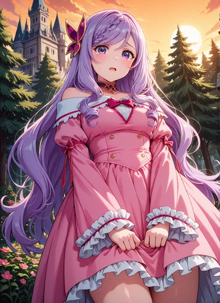 source_anime BREAK prefect lighting,very aesthetic,prefect hands,best quality,
intricate details,highly detailed background,(masterpiece:0.9),high quality,lustrous_skin,skindentation,(zPDXL3),
ultra delicate hair,
face_detail,
skin_detail,<lora:cfg_scale_boost>,
lustrous_skin,skindentation,
shiny skin,
<lora:seirei_gensouki_-_flora_beltrum_il:0.7>,flora_beltrum,very_long_hair,purple_hair,swept_bangs,braided_bangs,hair_ornament,purple_eyes,
choker,bow,pink_dress,off-shoulder_dress,frills,
masterpiece,best quality,ultra-detailed,Best-A,Medium-B,Low-C,Bad-D,cute,light_blush,dynamic_angle,
looking at viewer,scared,in summer,castle,park,flowers meadows,open mouth,from_below,teardrop,